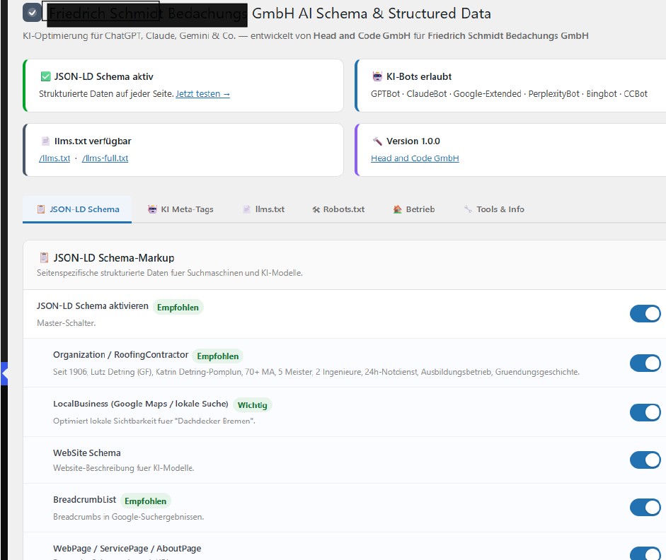 Konfiguration des AI Schema Plugins mit JSON-LD und llms.txt