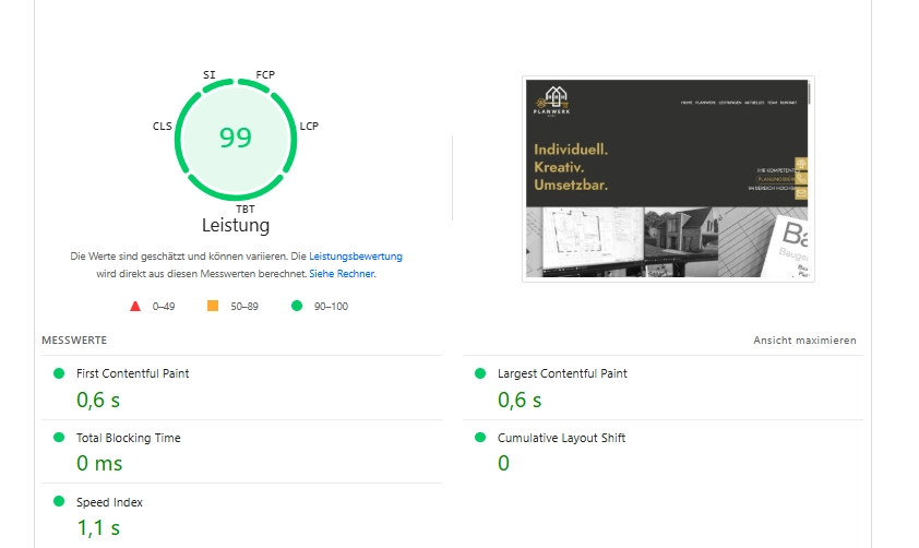 Sehr gute PageSpeed-Insights-Werte der von Head & Code entwickelten Website planwerk-planung.de