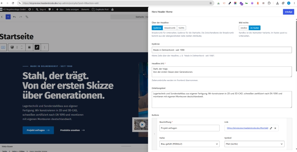 Beispiel einer redaktionellen ACF-Oberfläche in WordPress von Head & Code