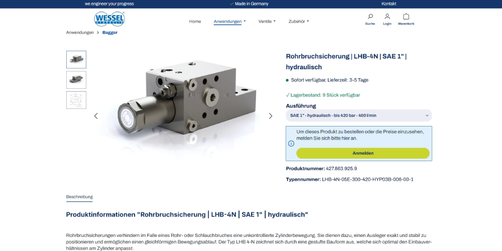 B2B-Shop für WESSEL HYDRAULIK auf Basis von Shopware 6, umgesetzt von Head & Code