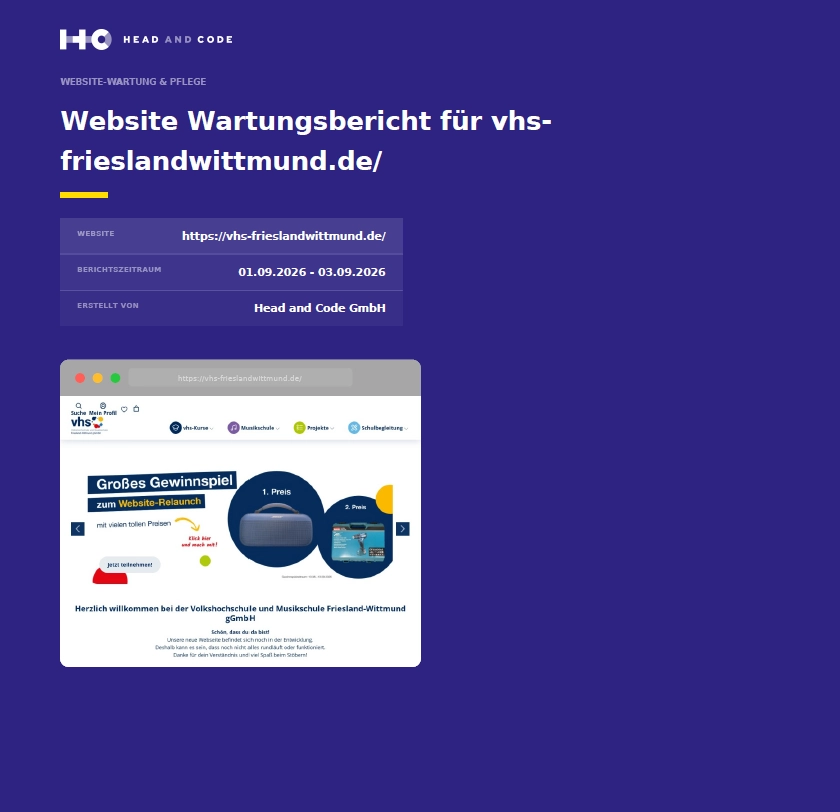 Beispiel eines monatlichen Wartungsberichts von Head & Code