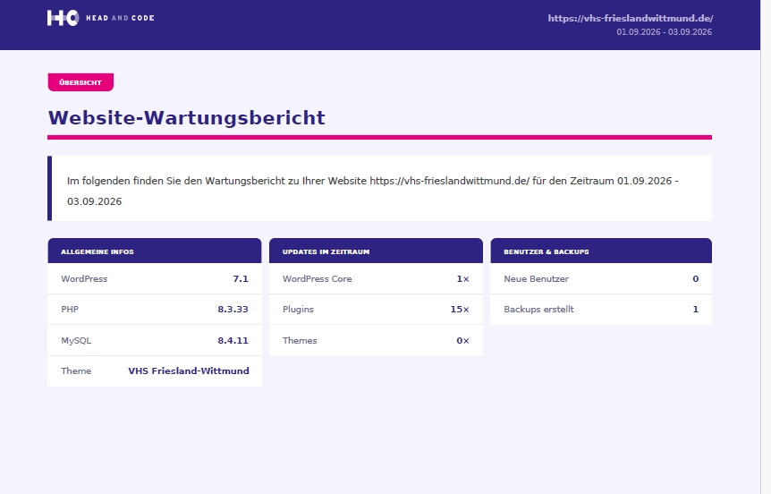 Zweite Seite eines monatlichen Wartungsberichts mit Update- und Sicherheitsübersicht