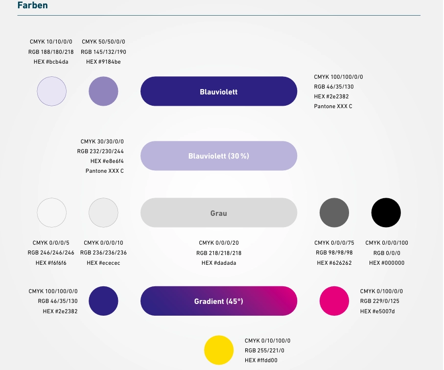 Beispielseite Farbdefinitionen mit RGB-, CMYK- und HEX-Werten aus einem Brand Manual