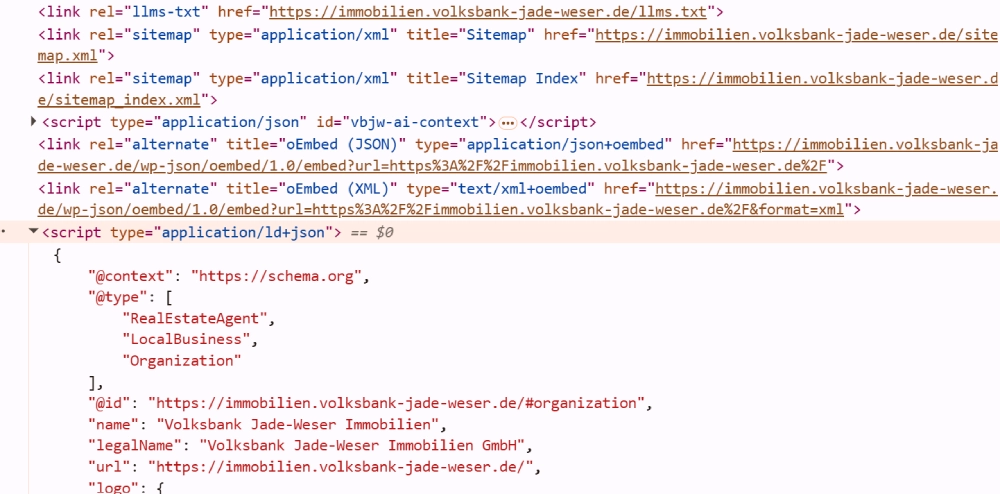 Beispiel für im Quellcode eingebundene strukturierte JSON-LD-Daten