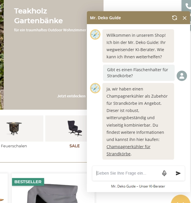 KI-Produktberater von Head & Code im Onlineshop von Mr. Deko