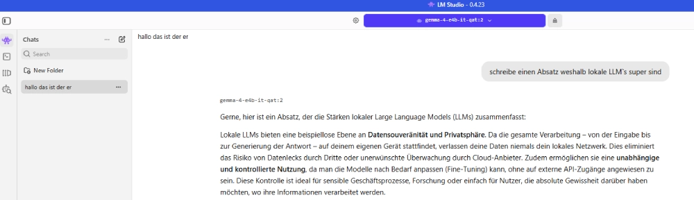 Chat-Konversation mit einem lokal betriebenen Gemma-Sprachmodell